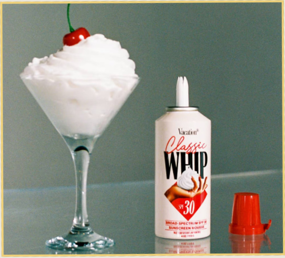 Vacation sunscreen mousse packaged in whipped-cream cans