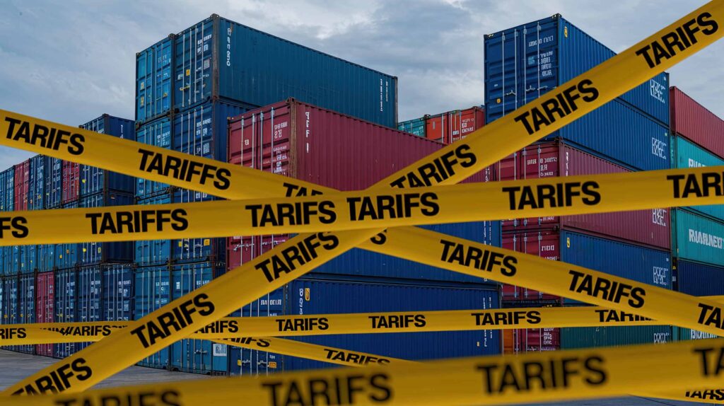 American tariffs. Cargo Containers in Port with Yellow 'TARIFFS' Caution Tapes and American Flag Design, Overcast Sky Background. Conceptual image of tariffs