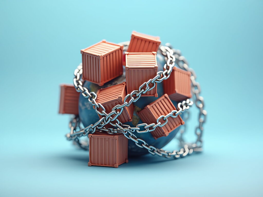 Global Trade Restriction: A symbolic depiction of global trade restrictions, cargo containers and chain wrapped around the planet, emphasizing limitations on international commerce.