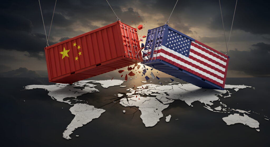 china and us trade war ,shipping containers colliding and exploding mid-air metallic shreds, political and economic fight for power worldwide