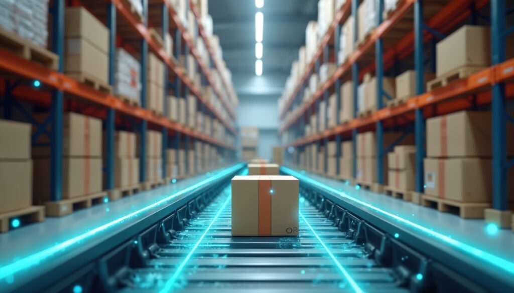Smart warehouse management system using augmented reality technology to identify package picking and delivery . Future concept of supply chain and logistics business