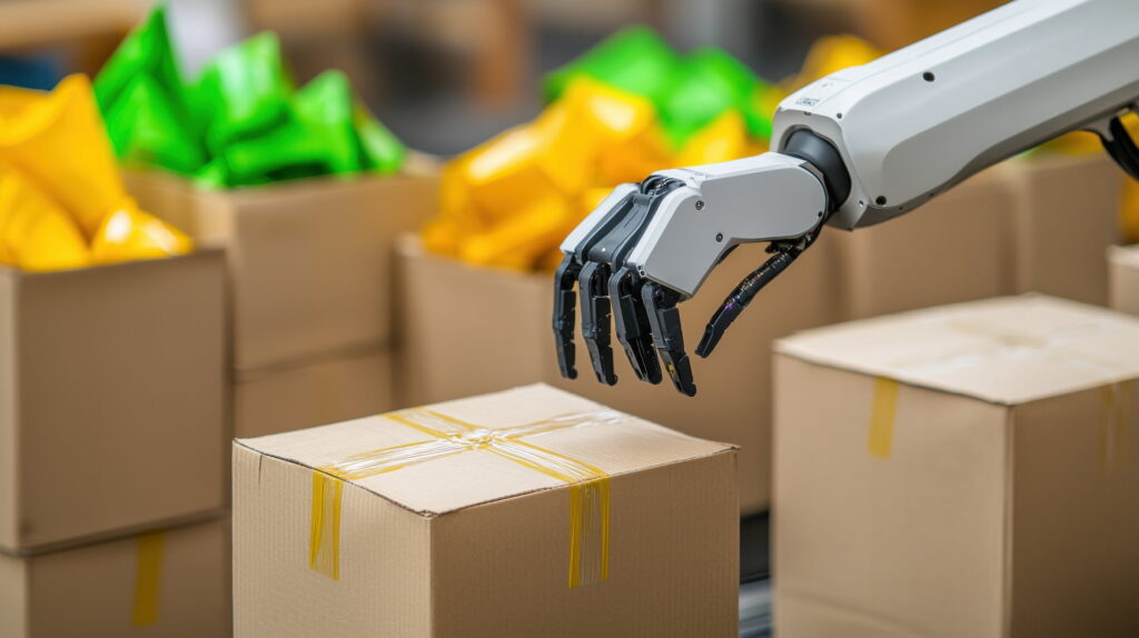 robotic arm efficiently sorts biodegradable packaging in warehouse