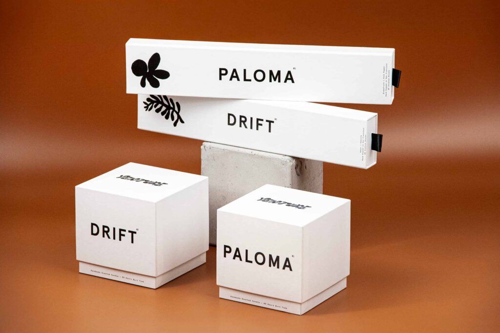 Venture's Oasis Collection, including candles and incenses of two scents: Paloma and Drift