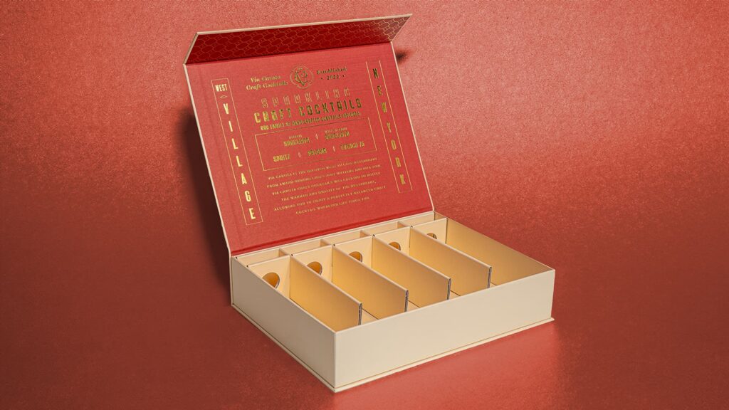 inside panel fully foil stamped with Via Carota's product details