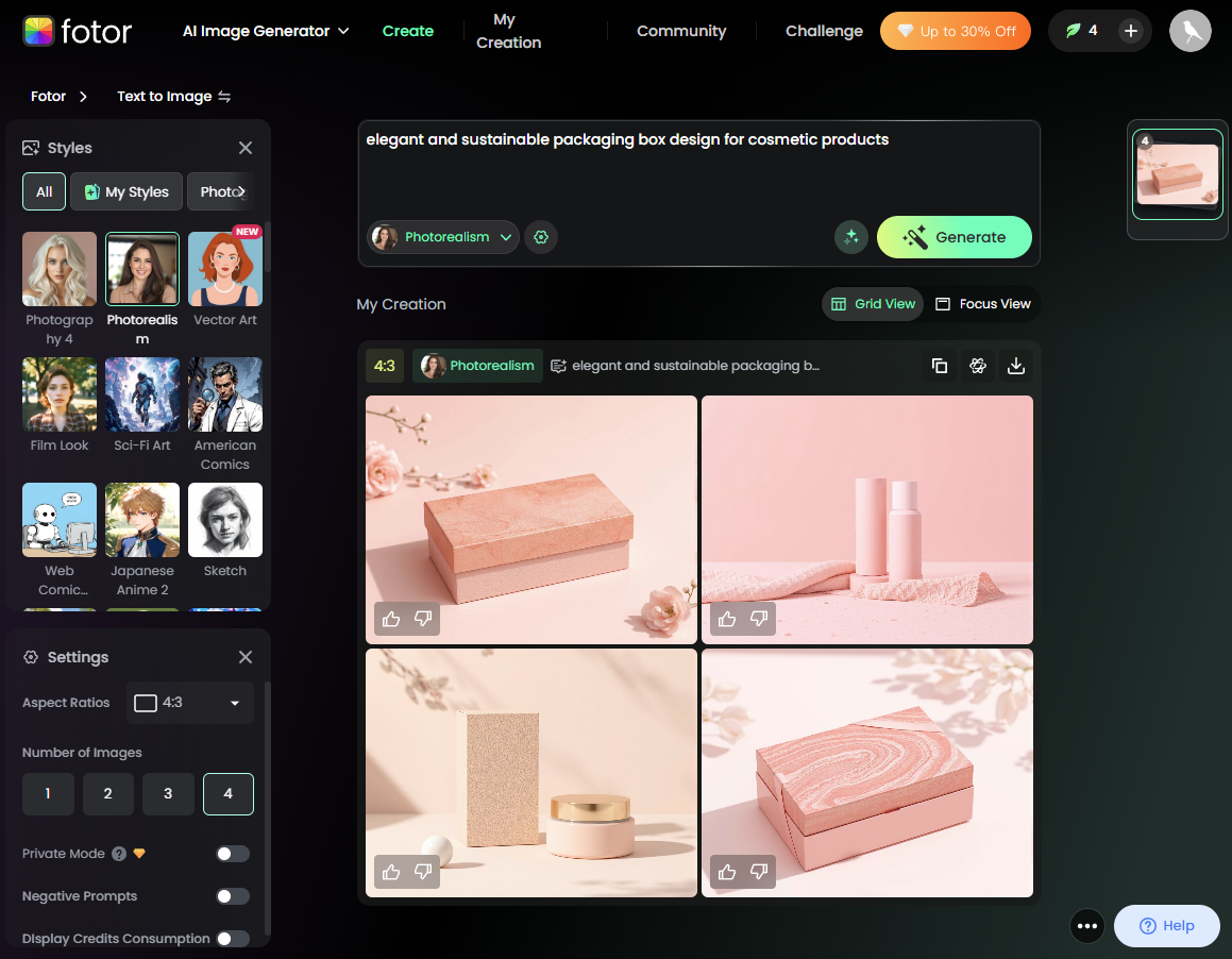 Fotor AI can generate multiple images with the same prompt, great for exploring design ideas.
